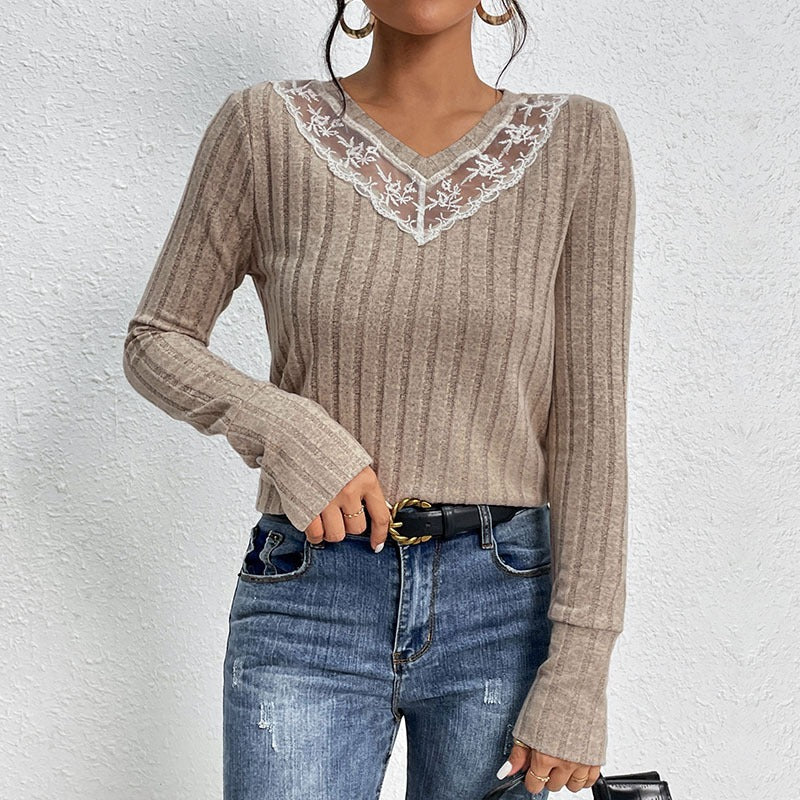 Spring and Autumn New Product European and American Women's Splicing Solid Color Long Sleeve V-neck Knitted Shirt