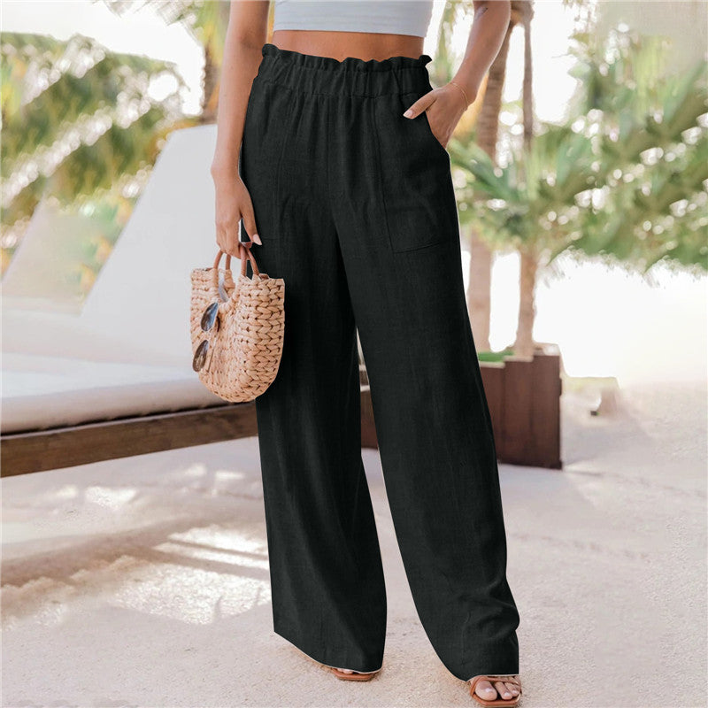 Summer New Women's Casual Pants Fashion Ruffled Patch Pocket Wide Leg Pants