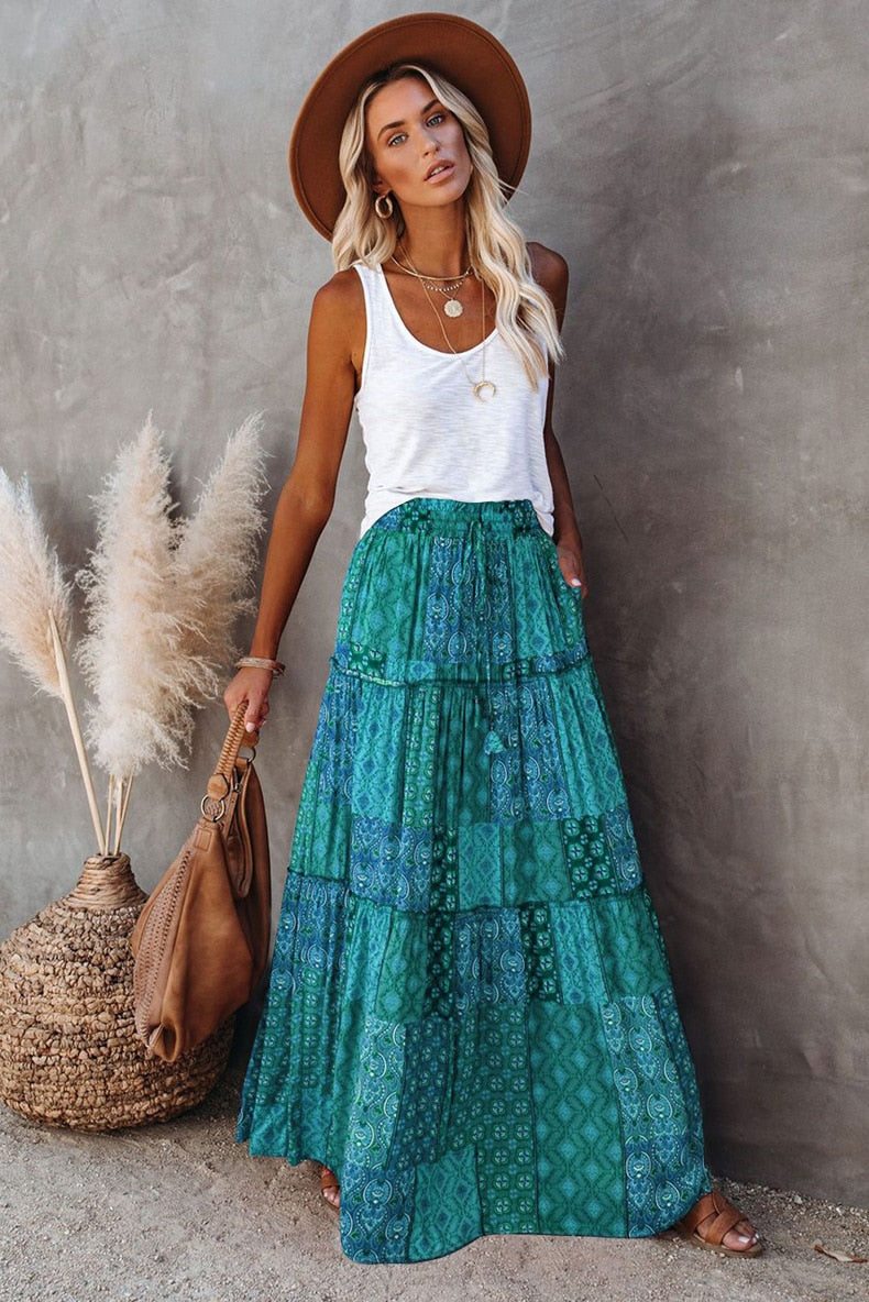 New Bohemian Skirts Casual High Waist Printing Maxi Skirts Ruffled Chic Style Holiday Skirts A-line Long Pleated Skirt