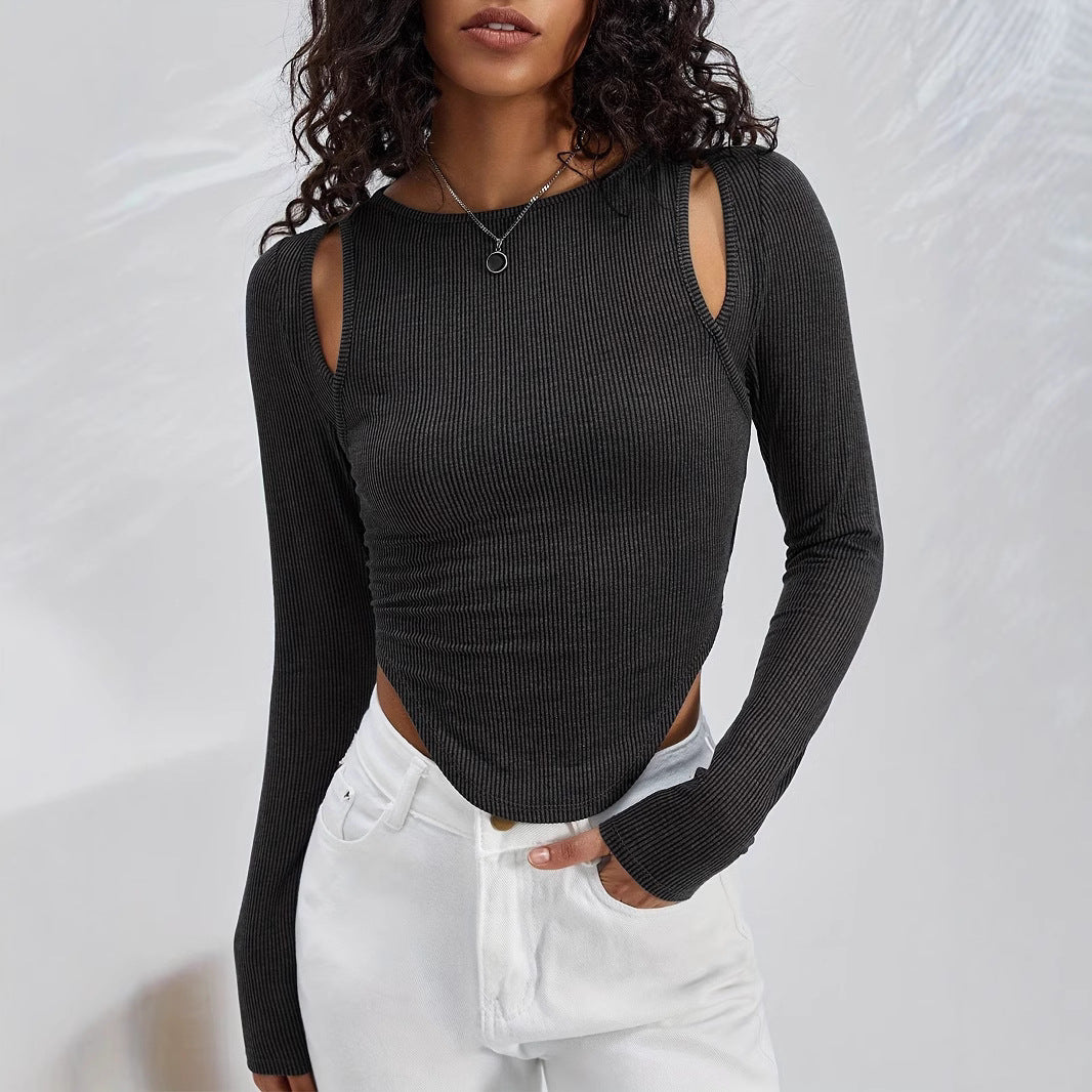 Women's Round Neck Knit Long Sleeve T-Shirt - Sexy