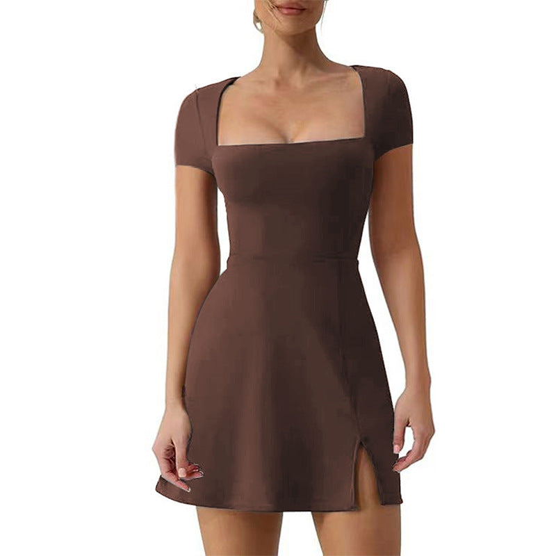 Elegant A-line Dress with U-neckSleeveless,Slim Fit StretchySolid ColorHigh Slit