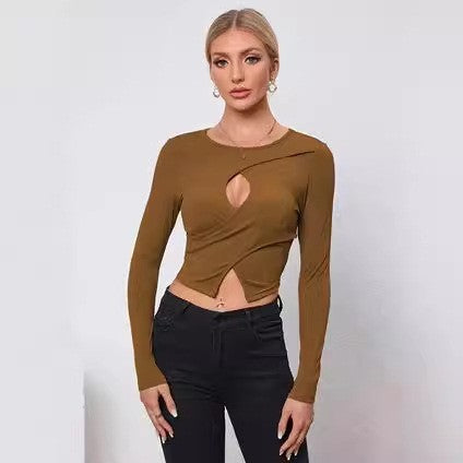 Round Neck Women's Long Sleeve Knit Versatile Solid Color Fitted Short Sexy Top