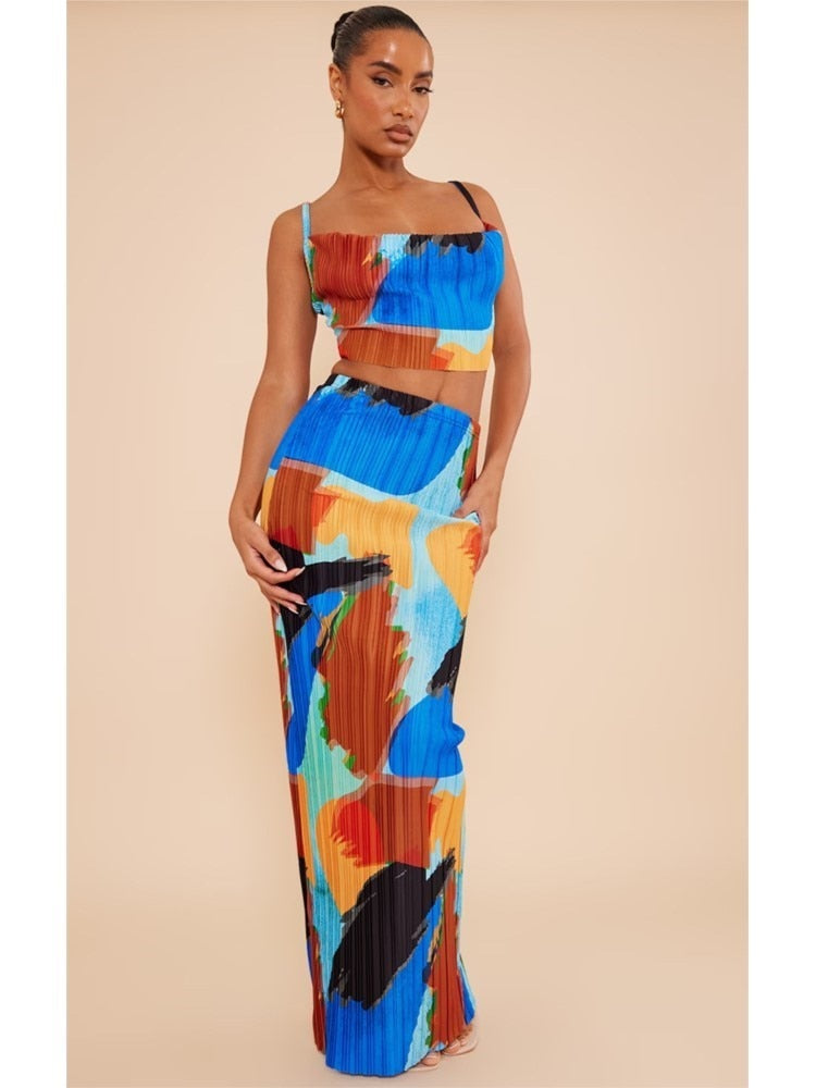 Purple Printed Pleated Sling Top And Skirt Sets Sleeveless Crop Tops Wrap Hip Long Skirts Suit