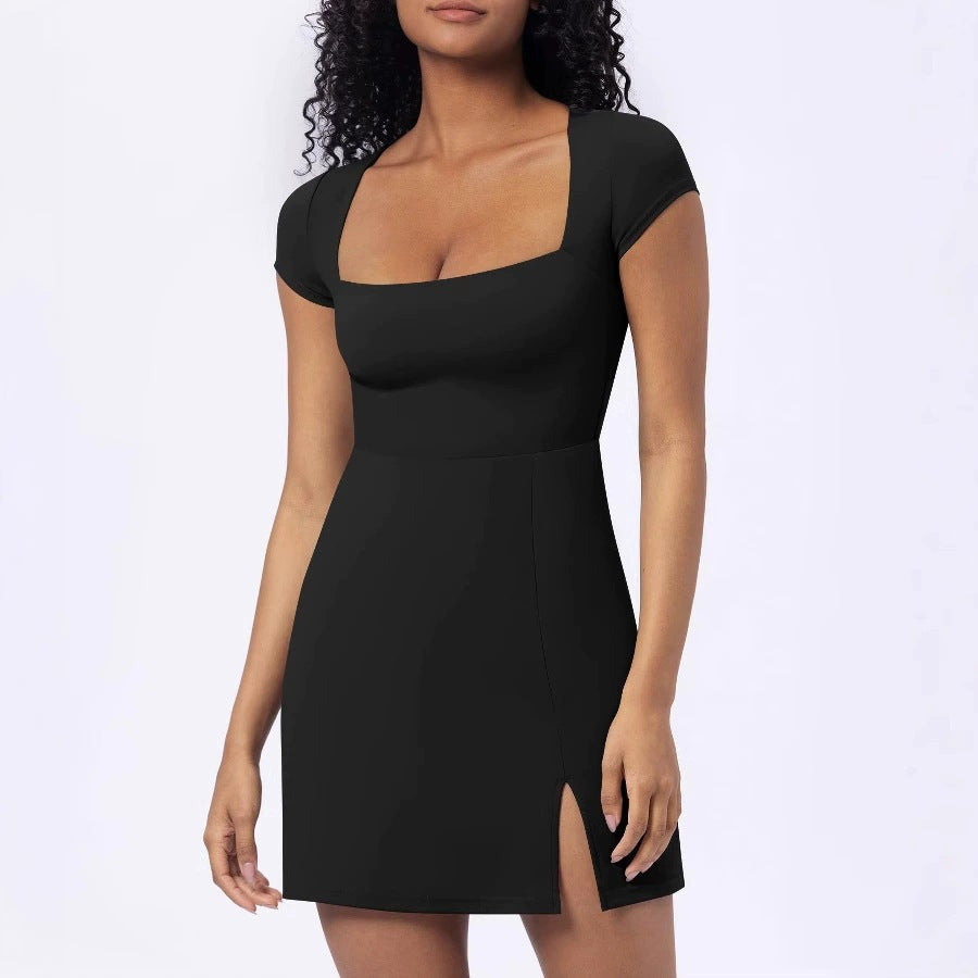 Elegant A-line Dress with U-neckSleeveless,Slim Fit StretchySolid ColorHigh Slit