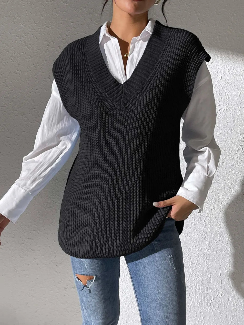 Women's Spring and Autumn New Style V-neck Simple Vest Woven Sweater Clip