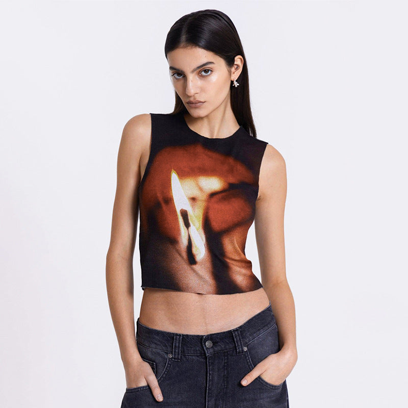 Women's Summer New Trendy Round Neck Sleeveless Crop Top Slim Printed Short Top for Women