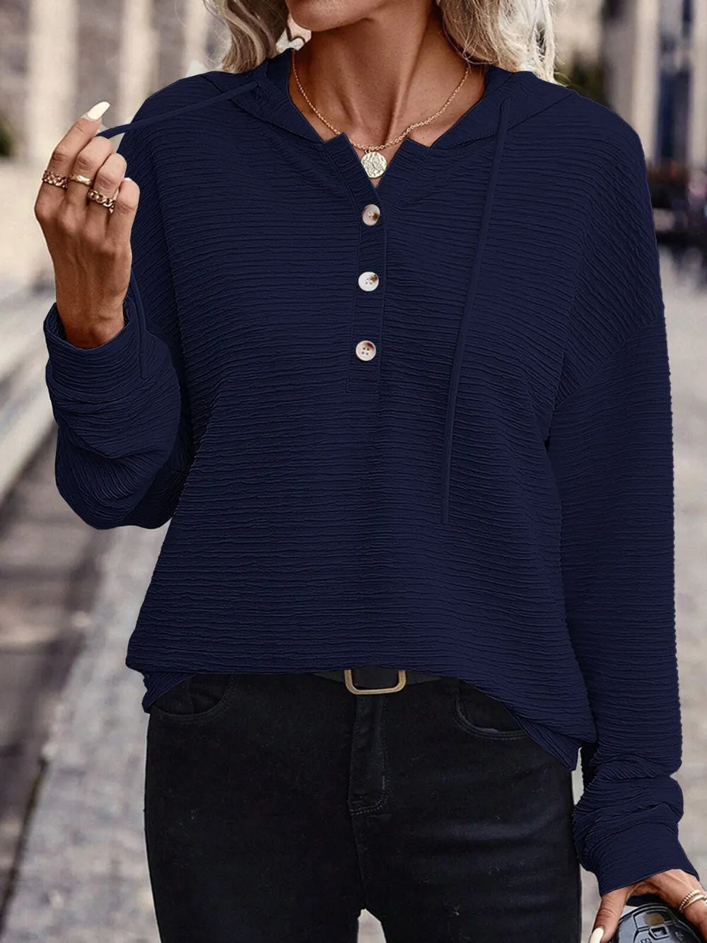 Solid color hooded sweatshirt jacket casual shoulder down long sleeved top