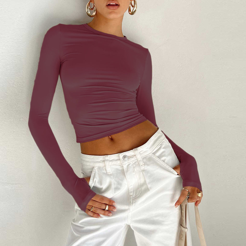 Fashionable Fitted Solid Color Round Neck T-Shirt for Women