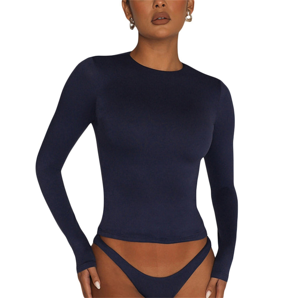 Crop Top Streetwear Women Solid Color Round Neck Long Sleeve T Shirt Basic Sweats Casual Tee Cropped