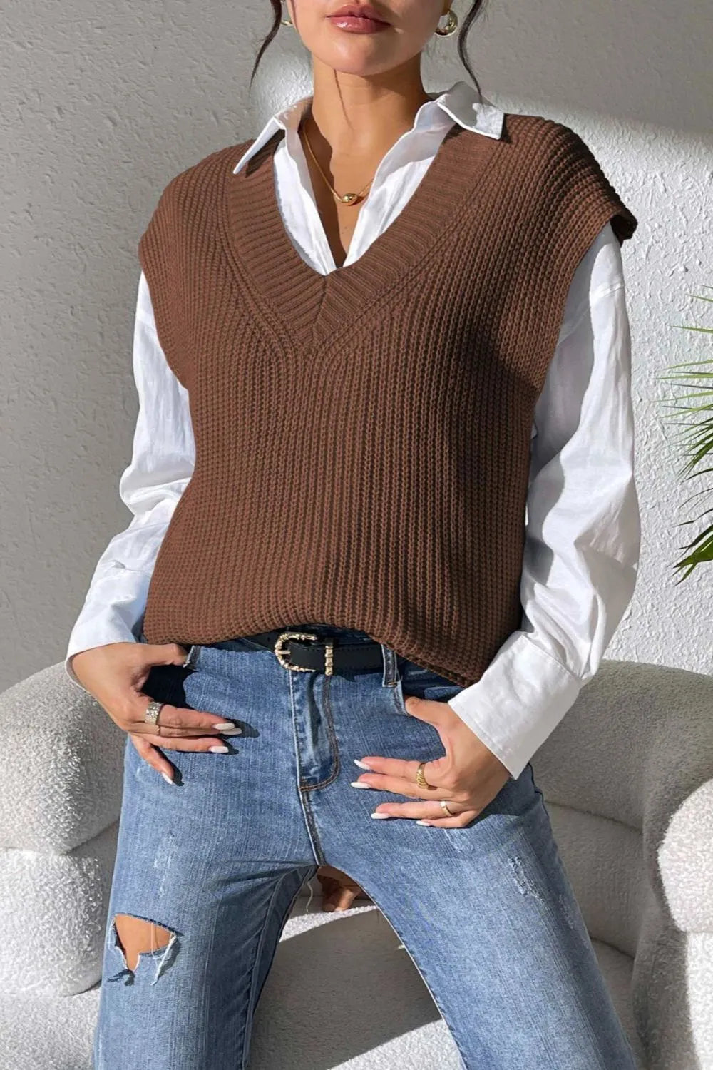 Women's Spring and Autumn New Style V-neck Simple Vest Woven Sweater Clip