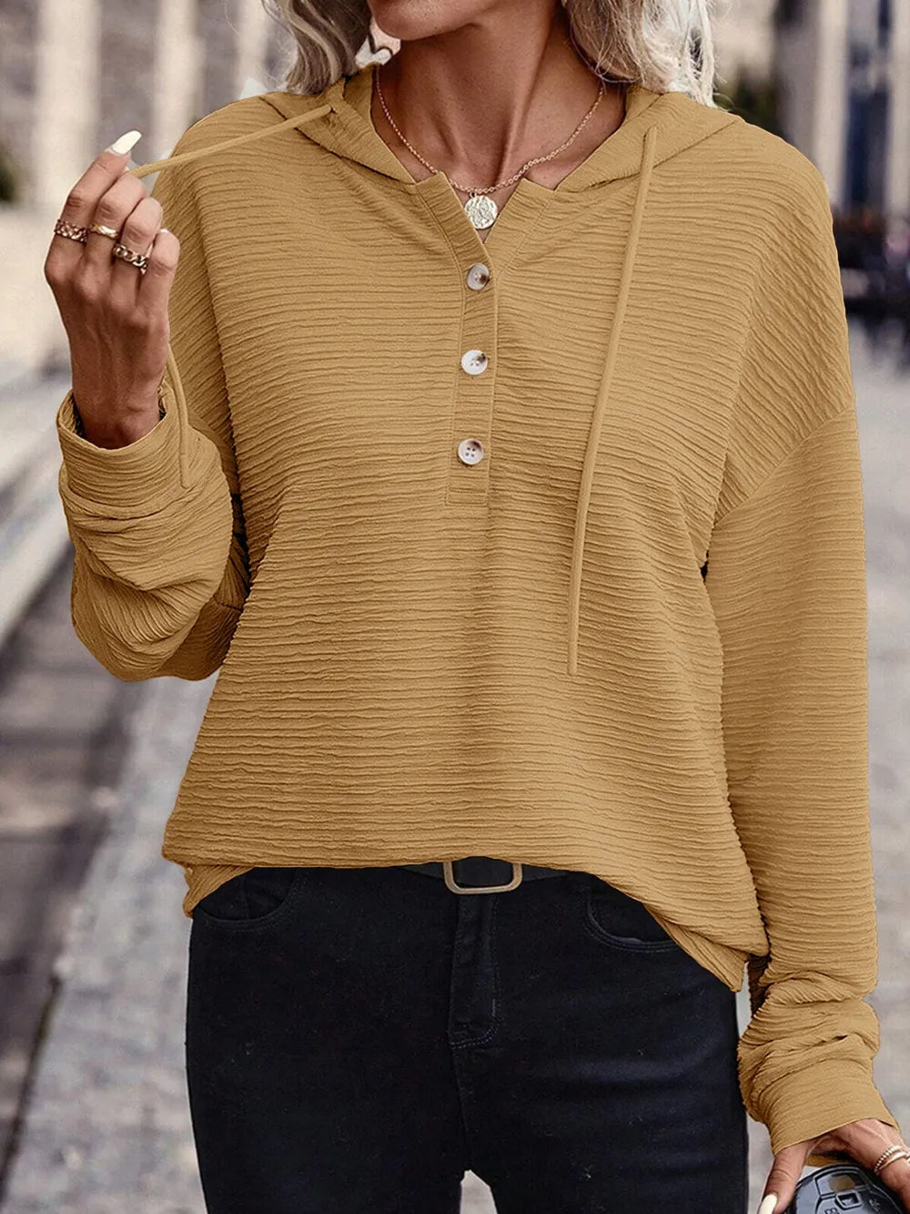 Solid color hooded sweatshirt jacket casual shoulder down long sleeved top