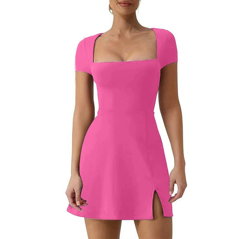 Elegant A-line Dress with U-neckSleeveless,Slim Fit StretchySolid ColorHigh Slit