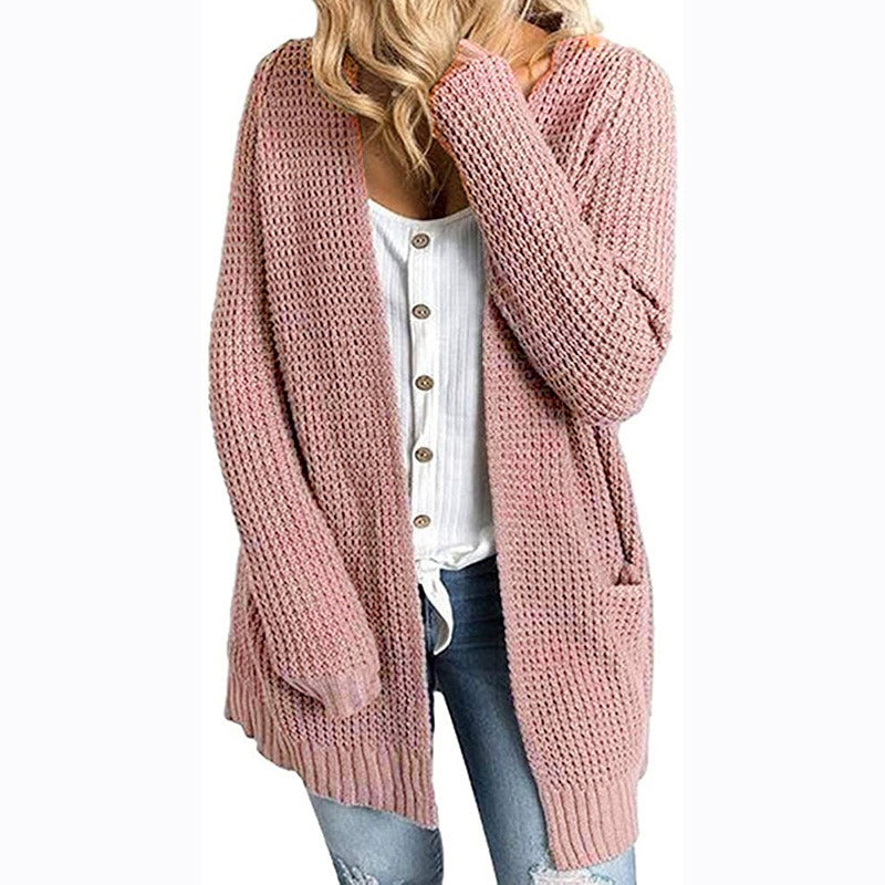 Women's knitted sweater, solid color pocket sweater, women's cardigan jacket