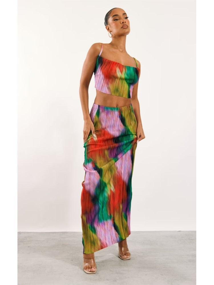 Purple Printed Pleated Sling Top And Skirt Sets Sleeveless Crop Tops Wrap Hip Long Skirts Suit