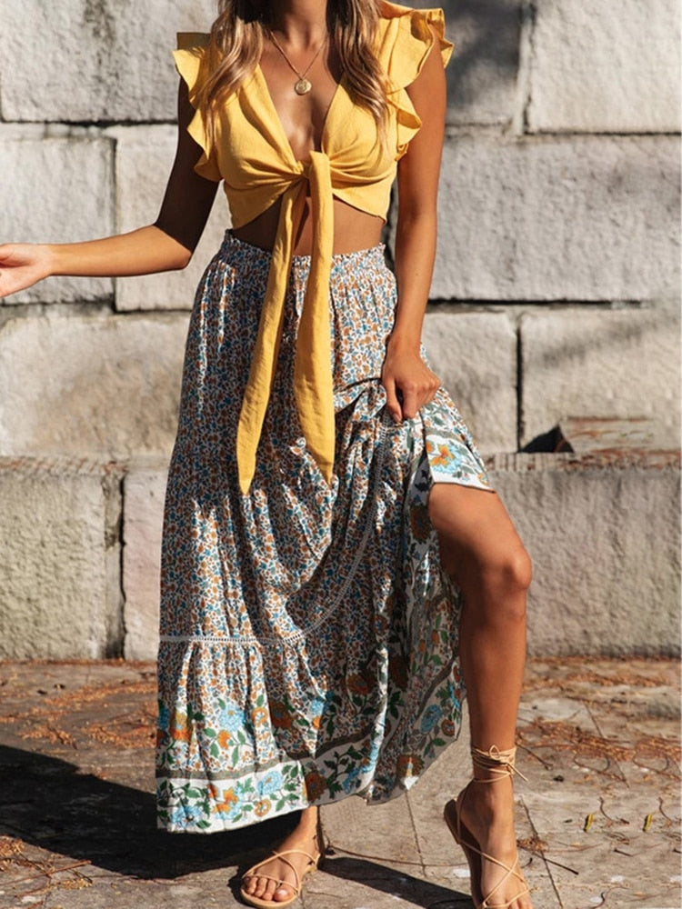 High Waist Long Skirts Womens Boho A-line Full Skirt Floral Print Drawstring Lace-Up Maxi Clothes White Summer Red Bohemian