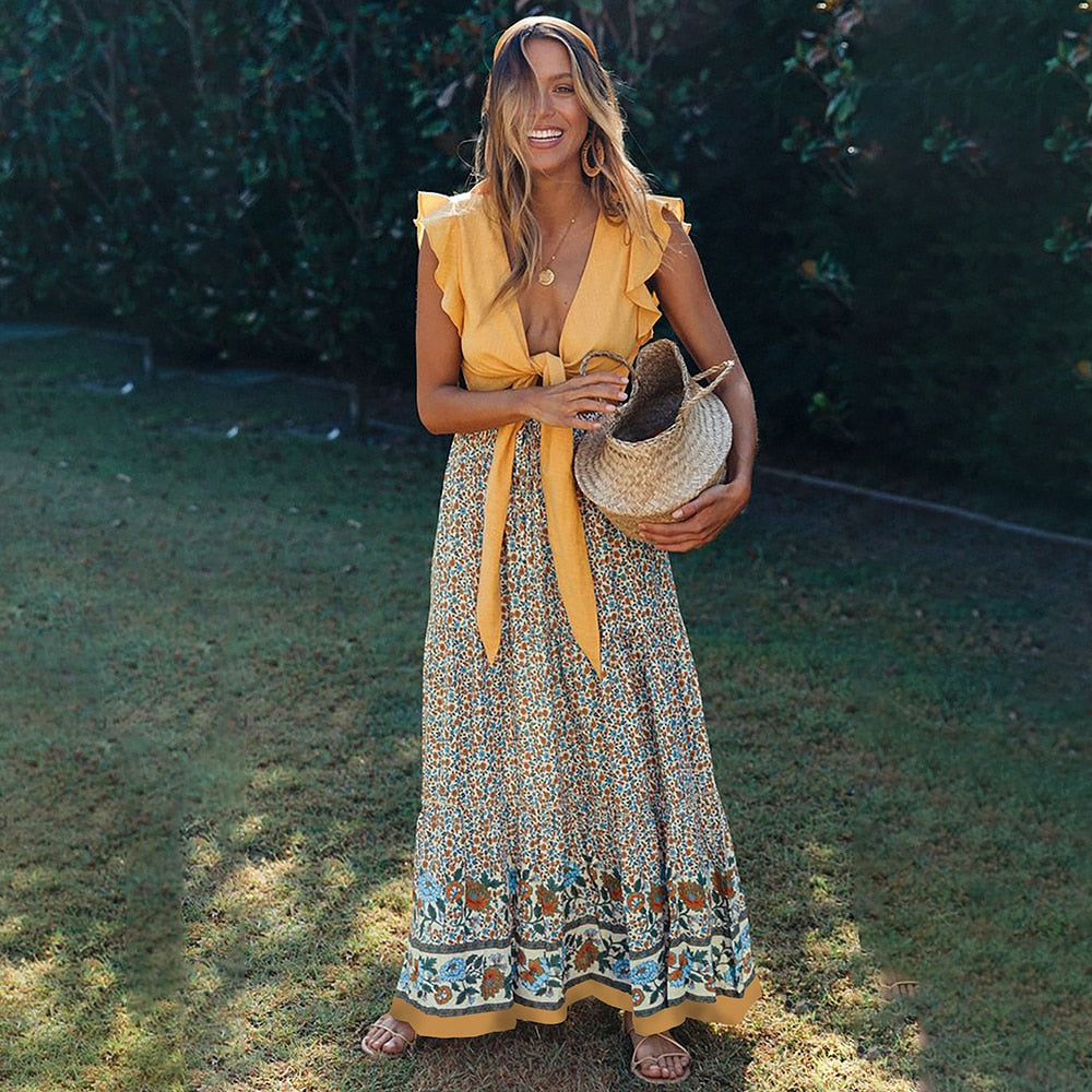 High Waist Long Skirts Womens Boho A-line Full Skirt Floral Print Drawstring Lace-Up Maxi Clothes White Summer Red Bohemian