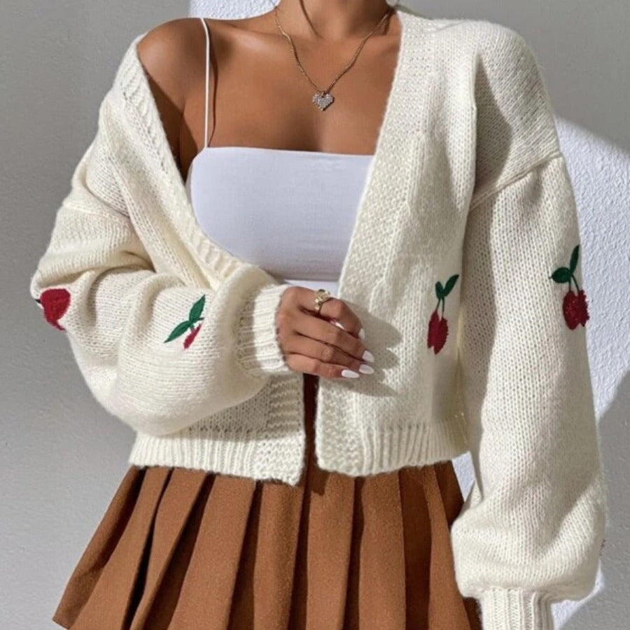 Cherry Embroidery Knit Cardigan for Women,Open Front Sweater