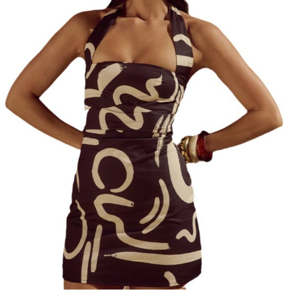 Women's Printed Halter Tie Waist Slim Dress