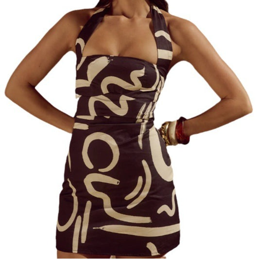 Women's Printed Halter Tie Waist Slim Dress