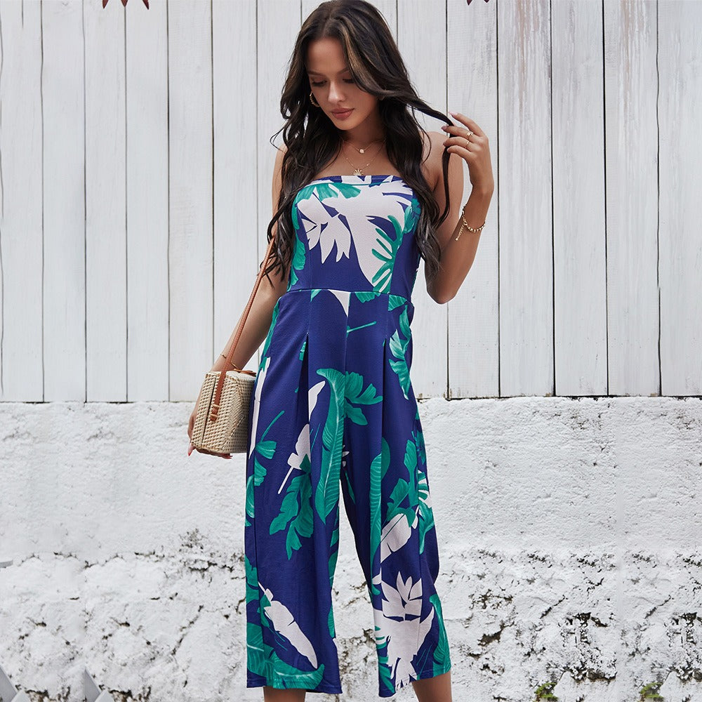 Sexy Chest Wrapped Digital Printed Jumpsuit Wide Leg Pants For Women