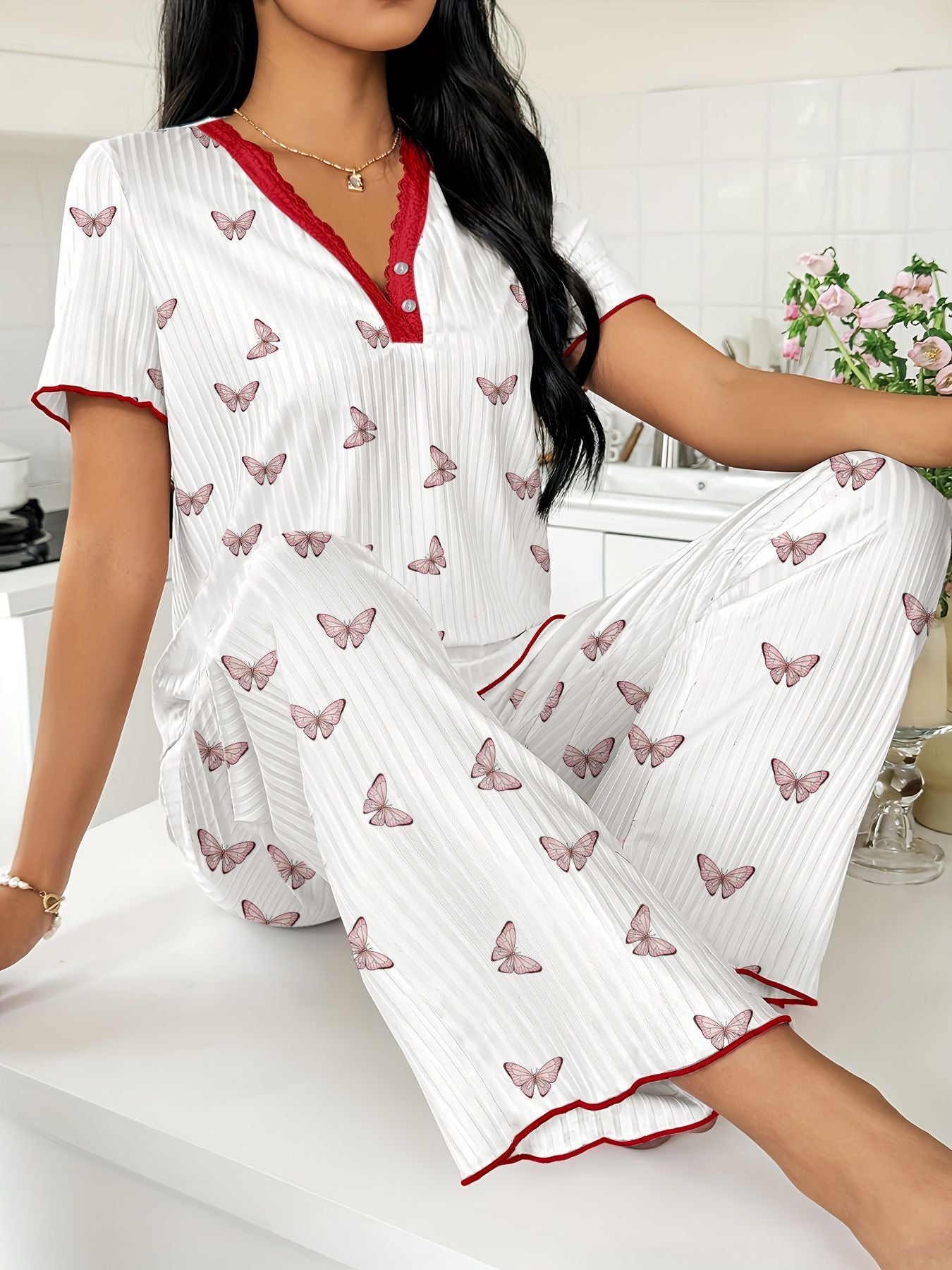Spring and Autumn Hot selling Printed Short sleeved Pants Pajamas for Women Comfortable Wide Legs Can be Outdated Women's Home Clothes