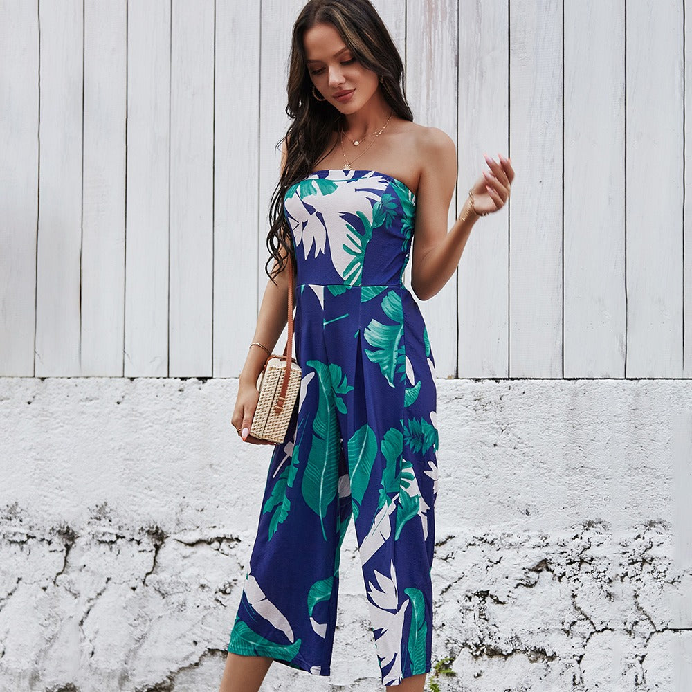 Sexy Chest Wrapped Digital Printed Jumpsuit Wide Leg Pants For Women