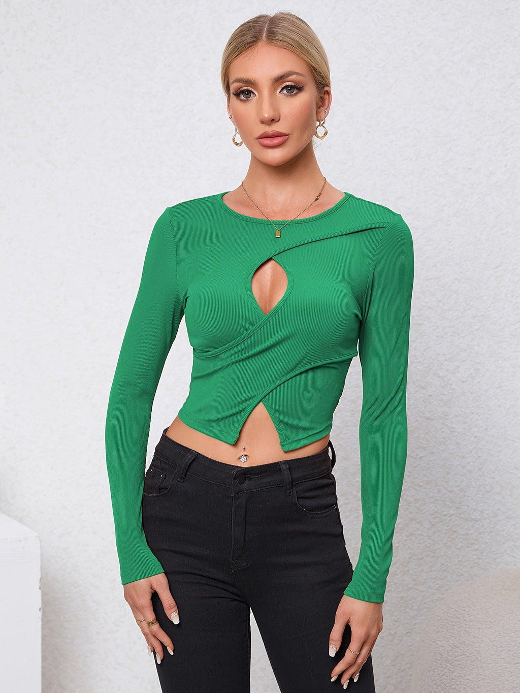 Round Neck Women's Long Sleeve Knit Versatile Solid Color Fitted Short Sexy Top