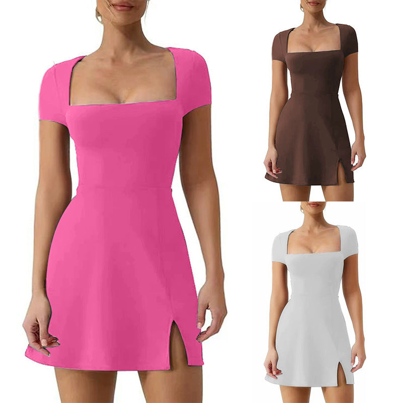 Elegant A-line Dress with U-neckSleeveless,Slim Fit StretchySolid ColorHigh Slit