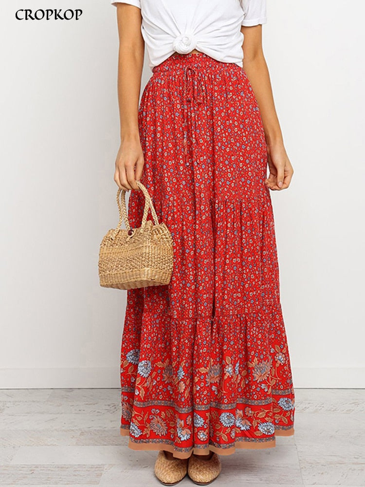 High Waist Long Skirts Womens Boho A-line Full Skirt Floral Print Drawstring Lace-Up Maxi Clothes White Summer Red Bohemian