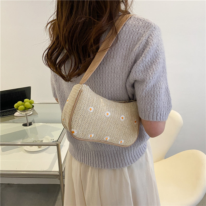 Popular Summer Straw Woven Bag Women's Western Style Lace Flower Woven Bag Simple Ladies Shoulder Underarm Bag