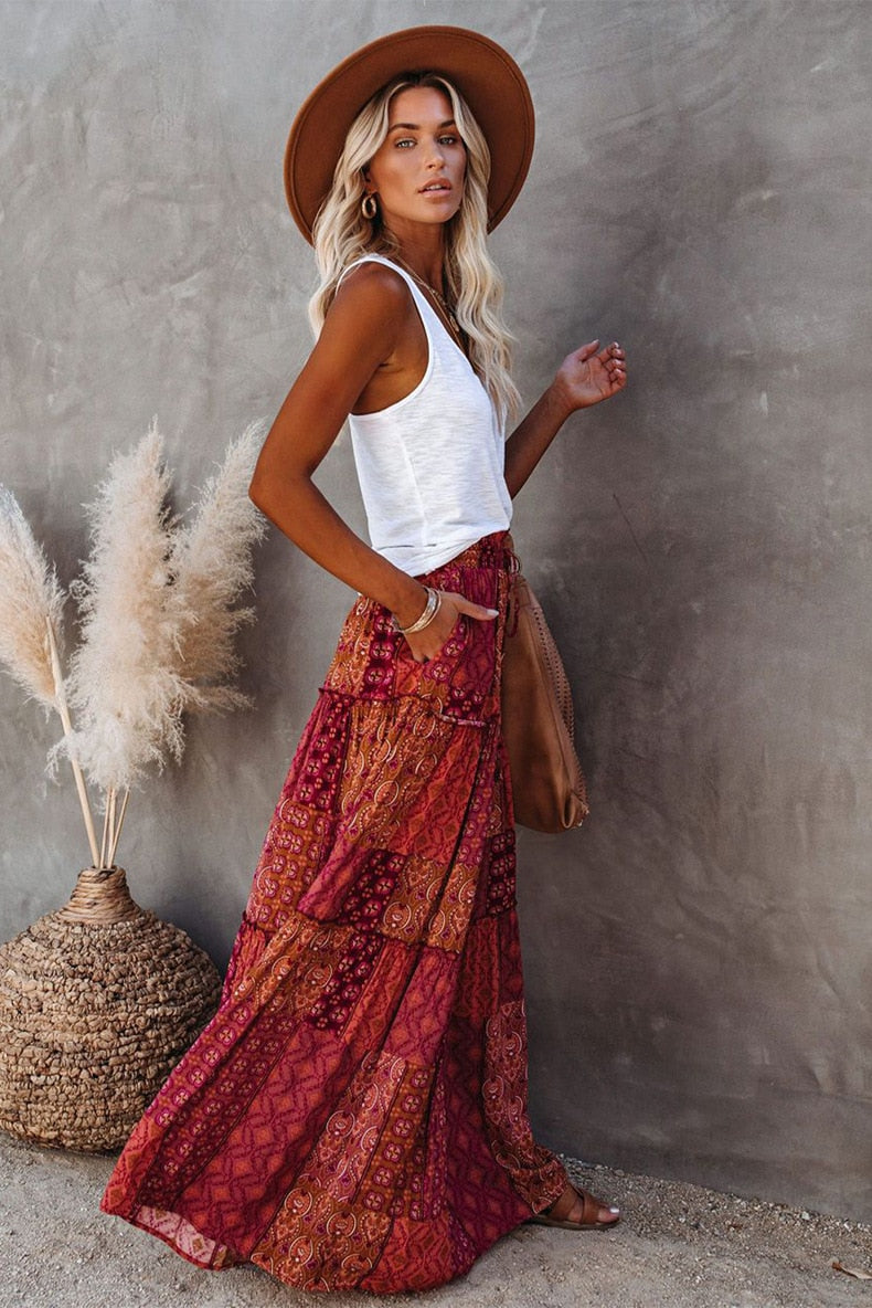 New Bohemian Skirts Casual High Waist Printing Maxi Skirts Ruffled Chic Style Holiday Skirts A-line Long Pleated Skirt