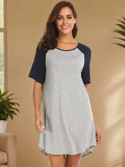 Women's Sleeping Skirt Double Matte Milk Silk Short Sleeve Contrast Splicing Home Clothes Women's Pajamas