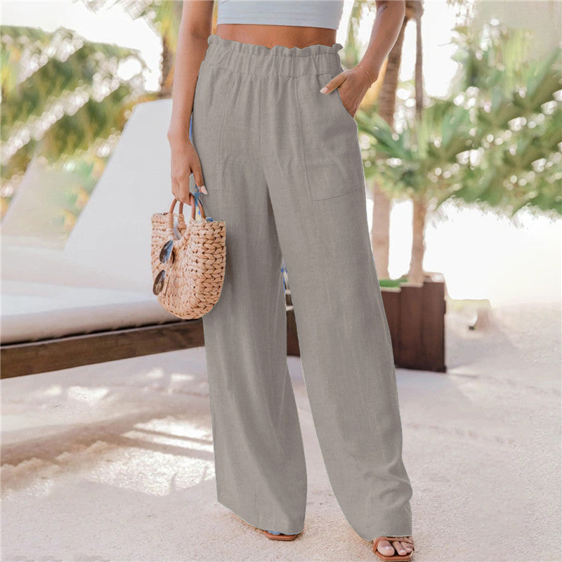 Summer New Women's Casual Pants Fashion Ruffled Patch Pocket Wide Leg Pants