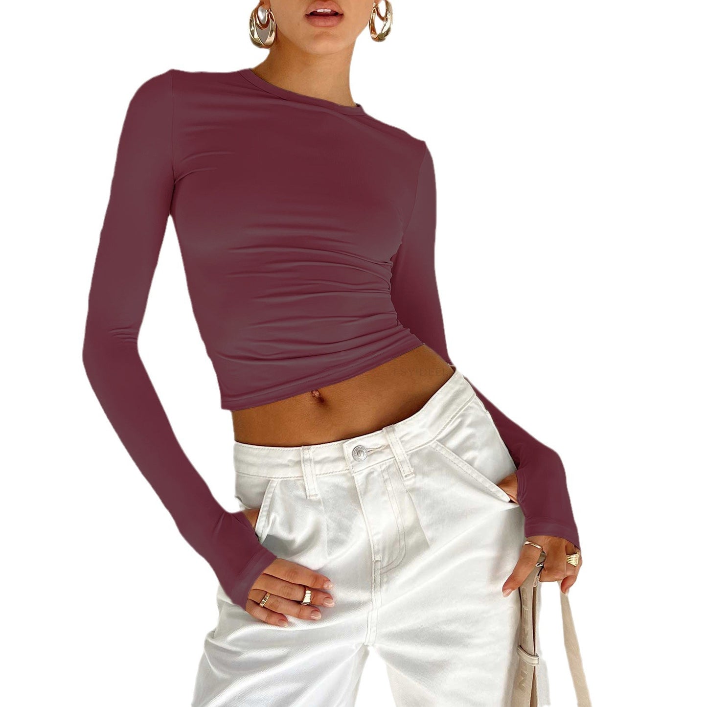 Fashionable Fitted Solid Color Round Neck T-Shirt for Women