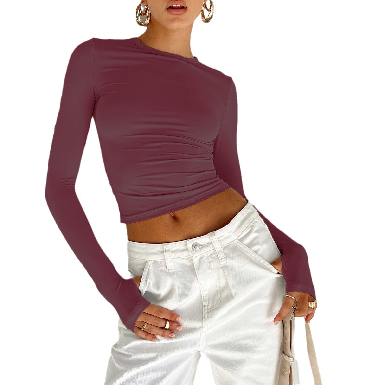 Fashionable Fitted Solid Color Round Neck T-Shirt for Women