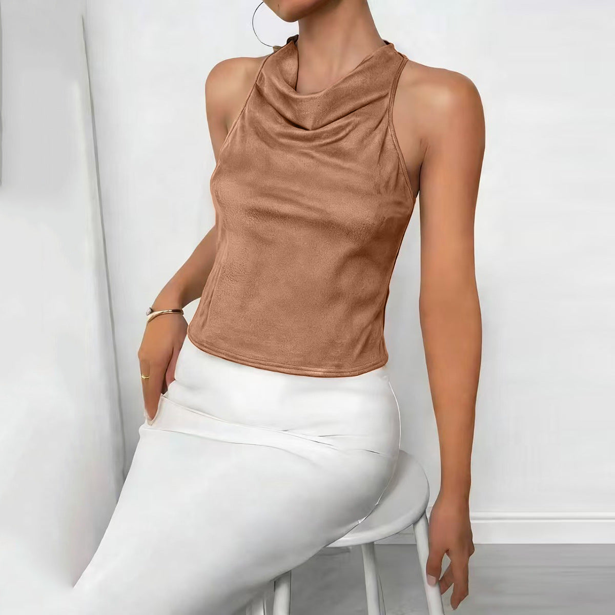 Bareback strap imitation suede top for women