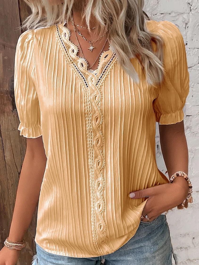 Fashion Hollow-Out Short Sleeve Shirt for Women, Summer Casual Vacation Style