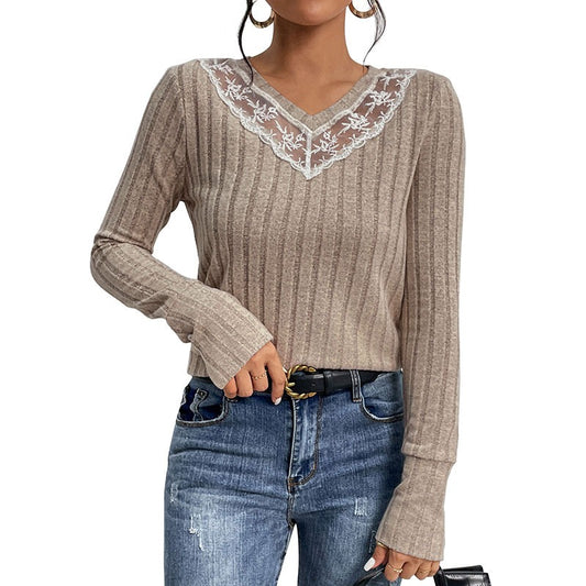 Spring and Autumn New Product European and American Women's Splicing Solid Color Long Sleeve V-neck Knitted Shirt