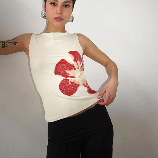 Spicy Girl Round Neck Simple Floral Print Sleeveless Vest Women's Slimming Fitted Pullover Top T-shirt