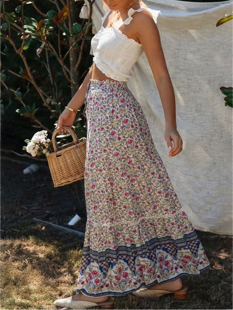 High Waist Long Skirts Womens Boho A-line Full Skirt Floral Print Drawstring Lace-Up Maxi Clothes White Summer Red Bohemian
