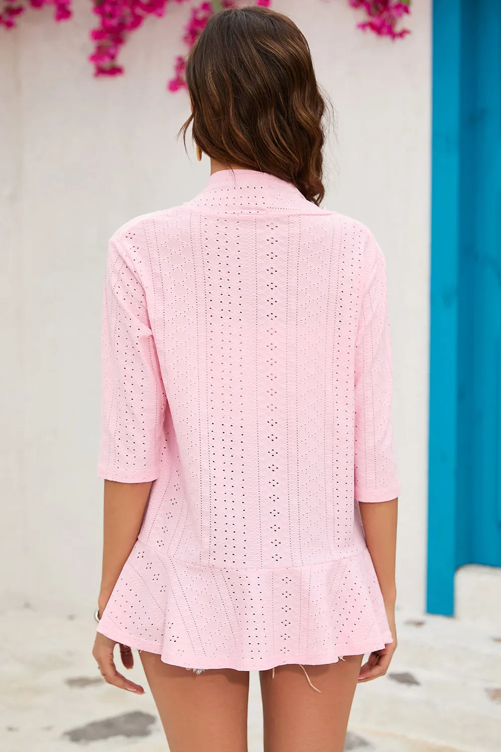 Solid color cardigan jacket with three quarter sleeves and ruffle edge top for women