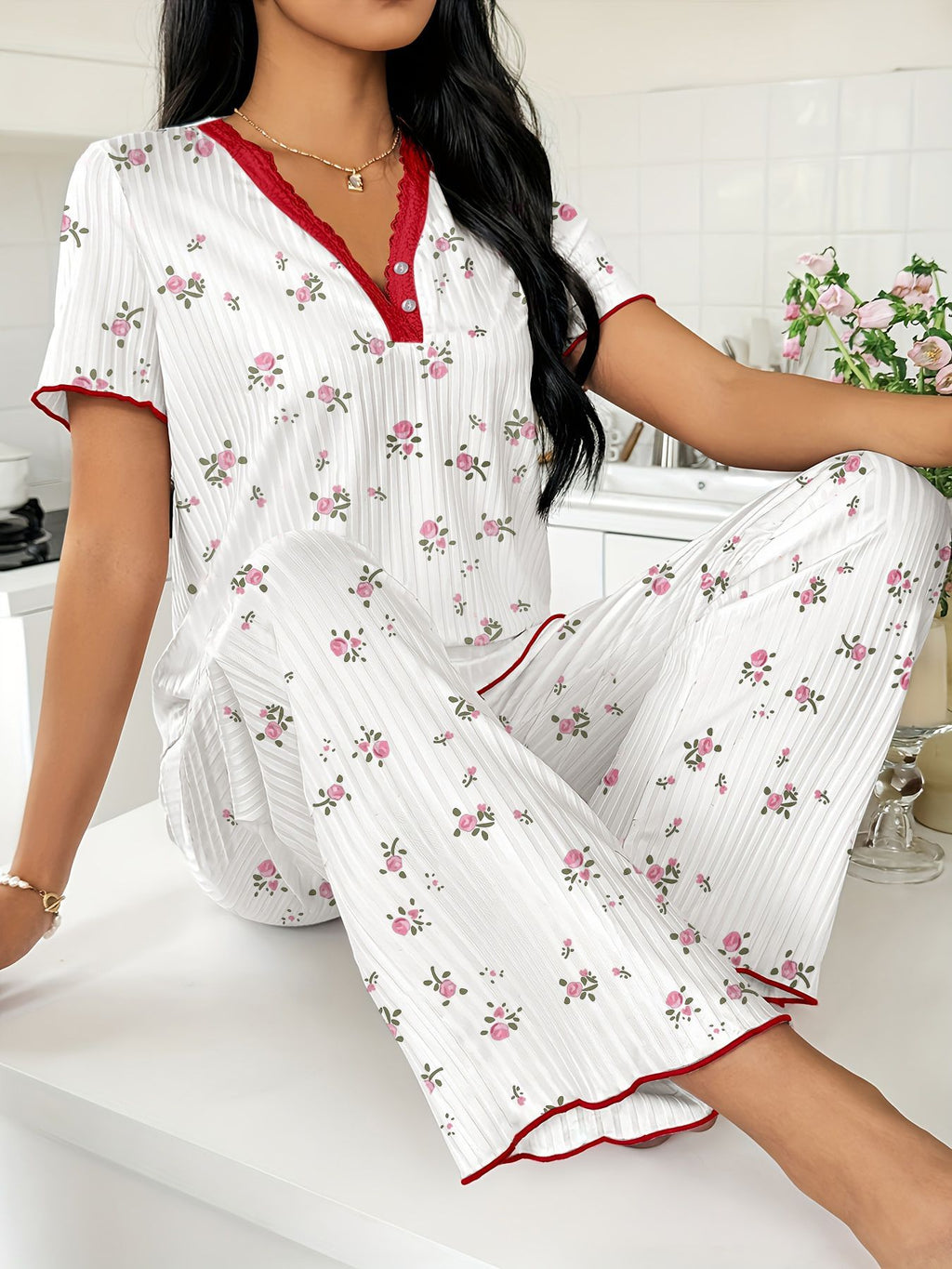 Spring and Autumn Hot selling Printed Short sleeved Pants Pajamas for Women Comfortable Wide Legs Can be Outdated Women's Home Clothes
