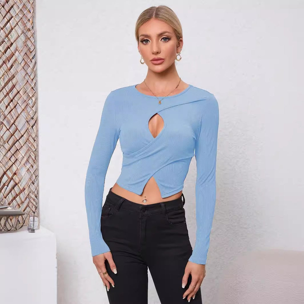 Round Neck Women's Long Sleeve Knit Versatile Solid Color Fitted Short Sexy Top