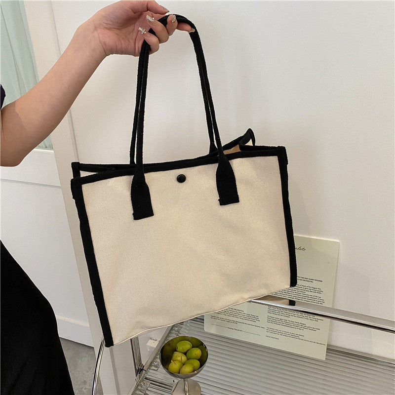 Large Capacity Contrast Color Canvas Bag Student Shoulder Bag Summer New Niche Design Simple Literary Tote Bag