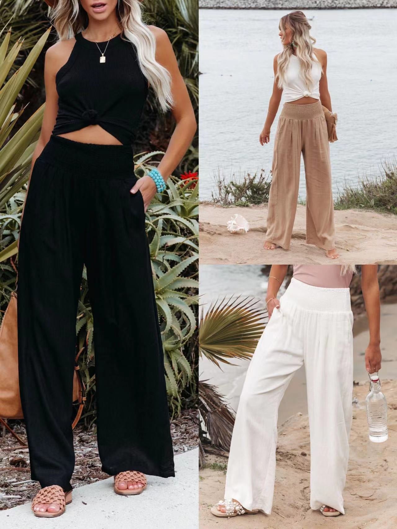 Spring and Summer Cotton Hemp Large Women's Harun Sports Pants Elastic Waist Casual Long Pants