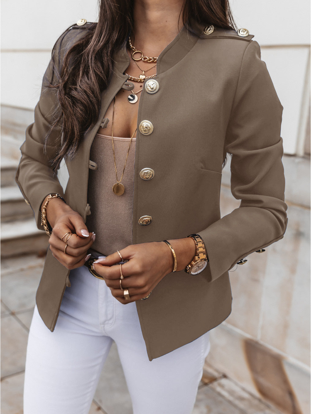 Fashionable Long Sleeve Fitted Buttoned Blazer Short Jacket