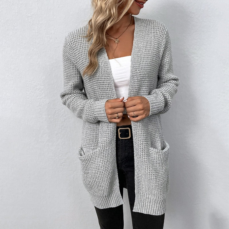 Women's knitted sweater, solid color pocket sweater, women's cardigan jacket