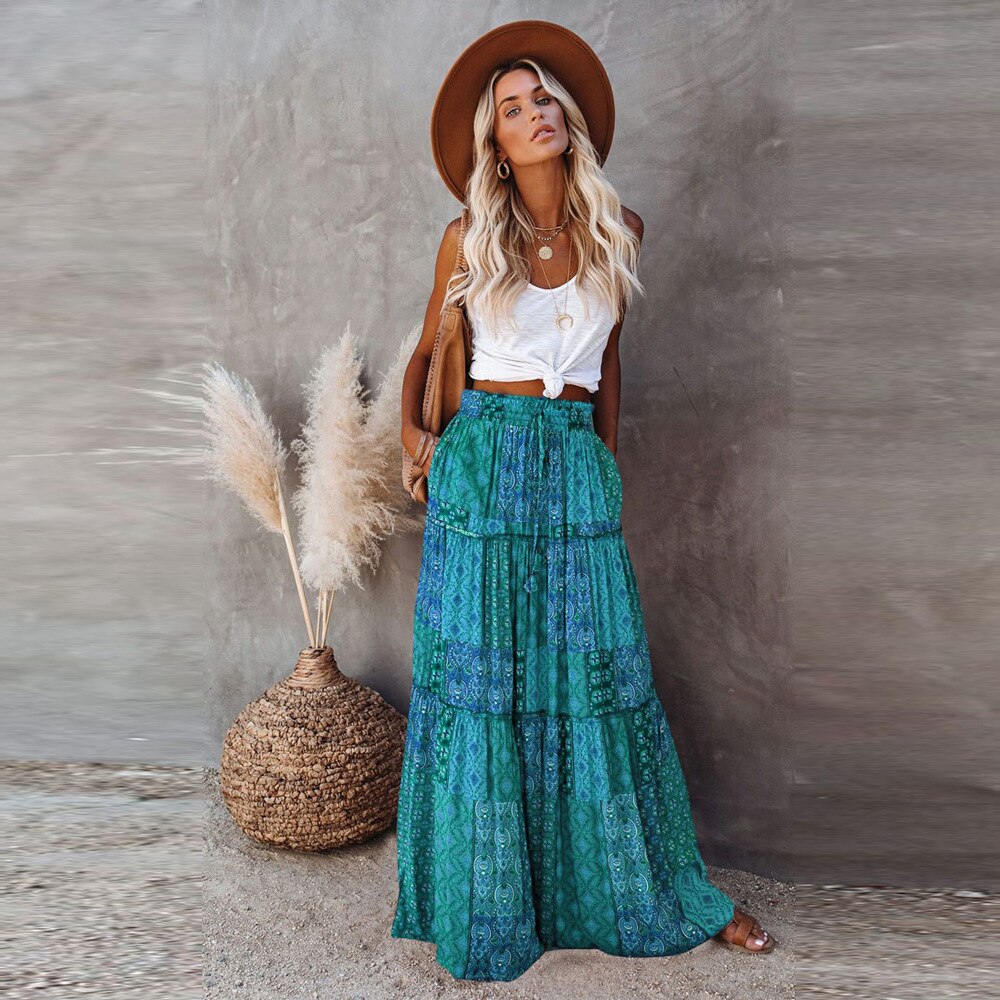 New Bohemian Skirts Casual High Waist Printing Maxi Skirts Ruffled Chic Style Holiday Skirts A-line Long Pleated Skirt