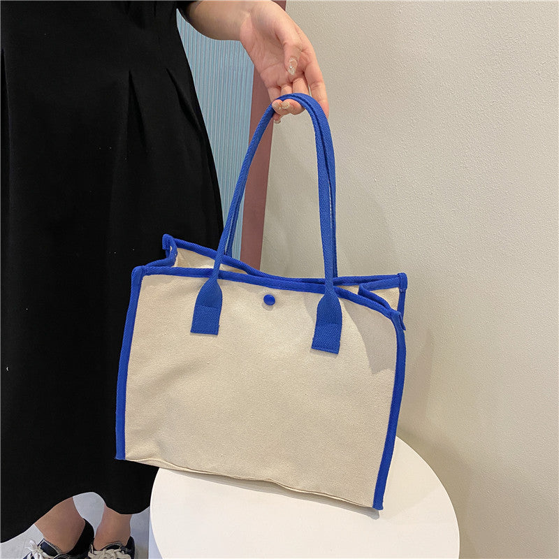 Large Capacity Contrast Color Canvas Bag Student Shoulder Bag Summer New Niche Design Simple Literary Tote Bag