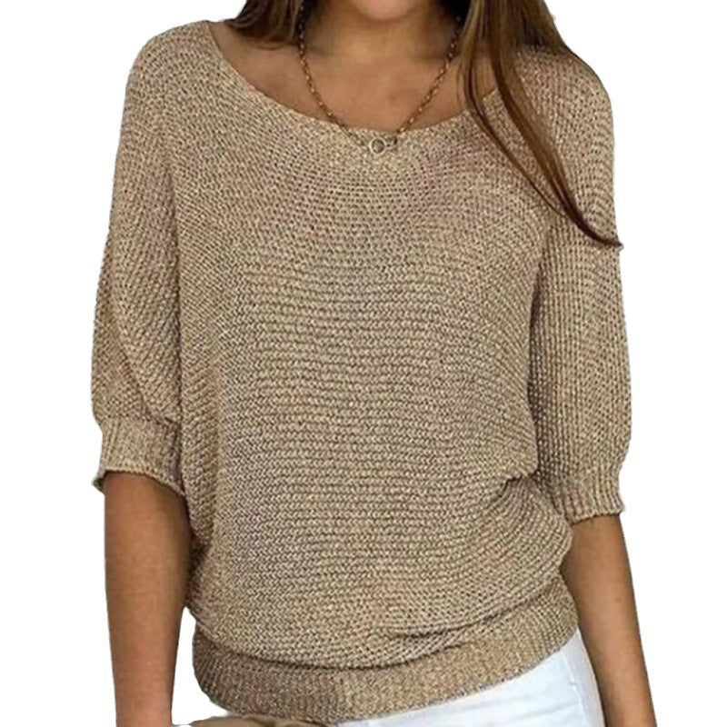 Round neck knitted sweater with elegant three quarter sleeve top for women